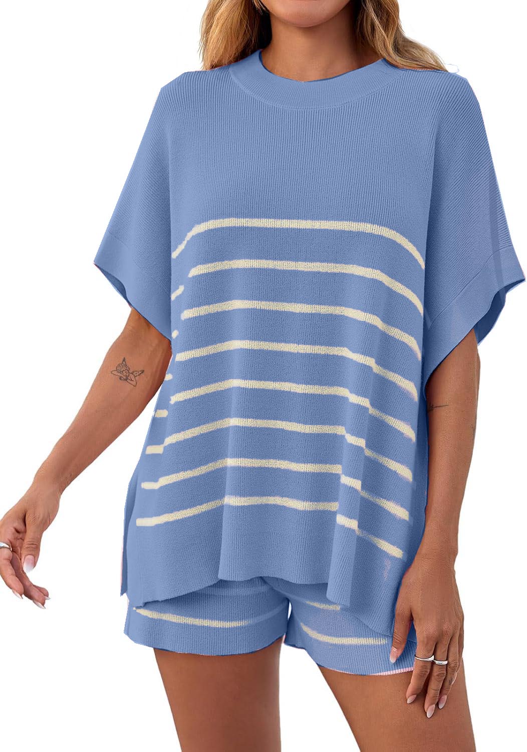 Women's Striped 2-Piece Oversized Batwing Sleeve Short Sleeve Top and Shorts Set