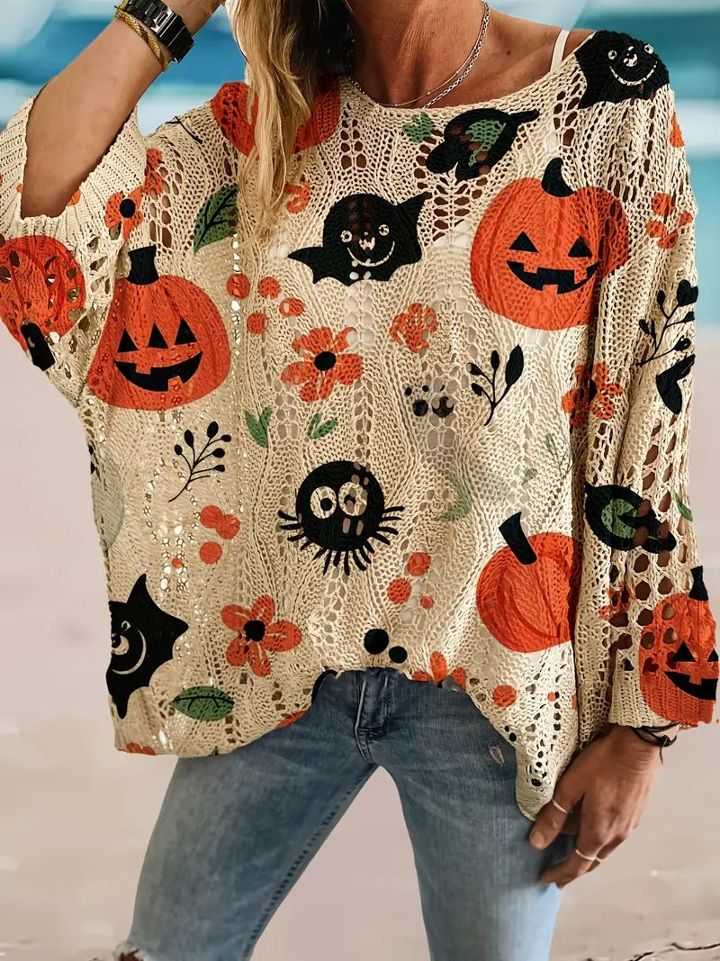 Halloween Crew Neck Pumpkin Loose Fit Long Sleeve Cutout Sweater