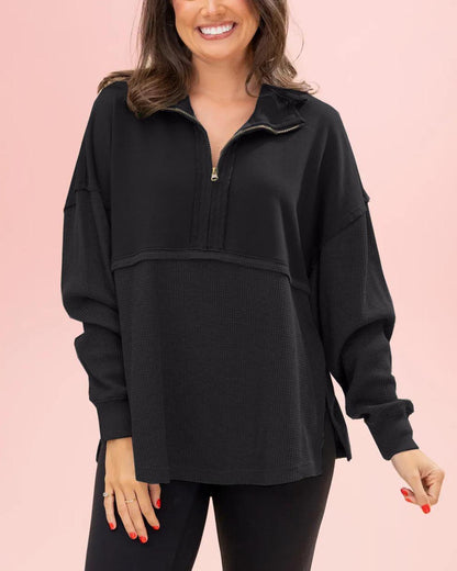 Women's Quarter Zip Pullover Slit Long Sleeve Top(BUY 2 FREE SHIPPING)