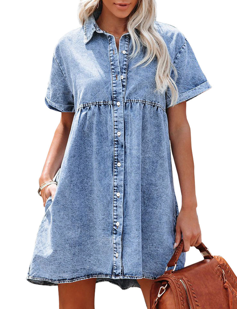 Women's Short Sleeve Button Denim Shirt Dress