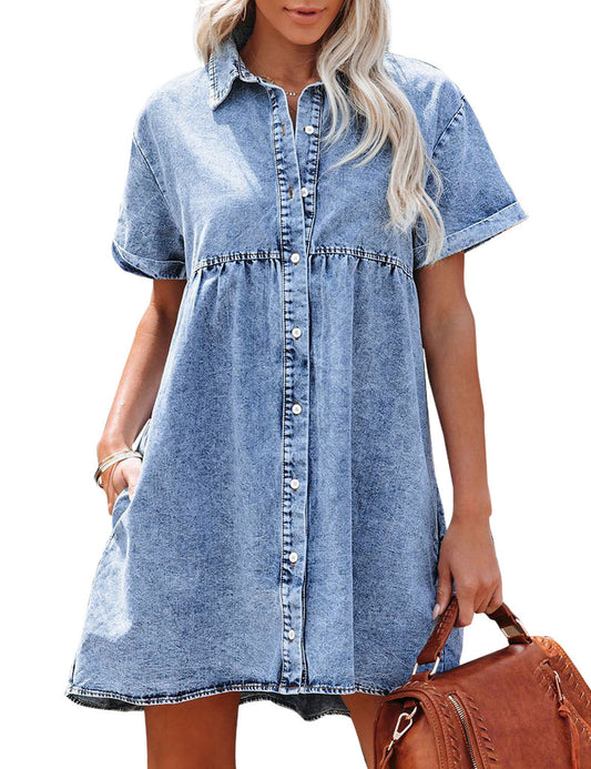 Women's Short Sleeve Button Denim Shirt Dress