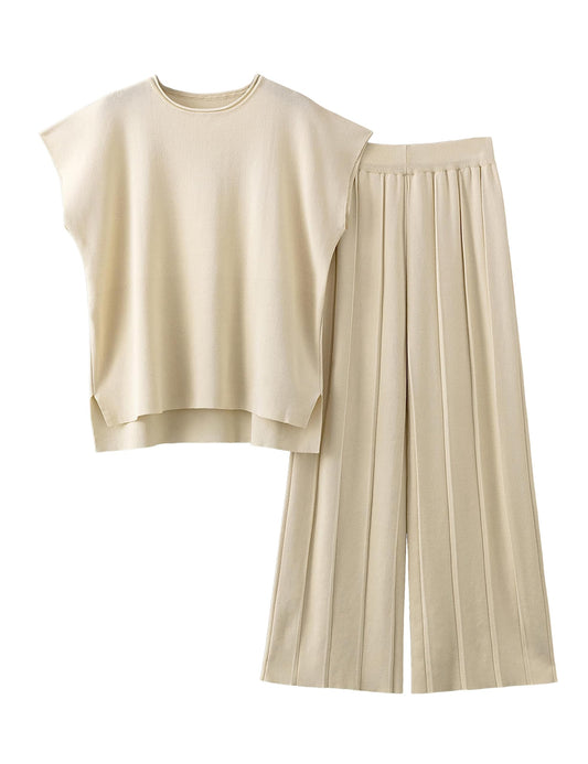 Women Knit 2 Piece Sweater Sets Pullover Tops High Waist Wide Leg Pants Lounge Set