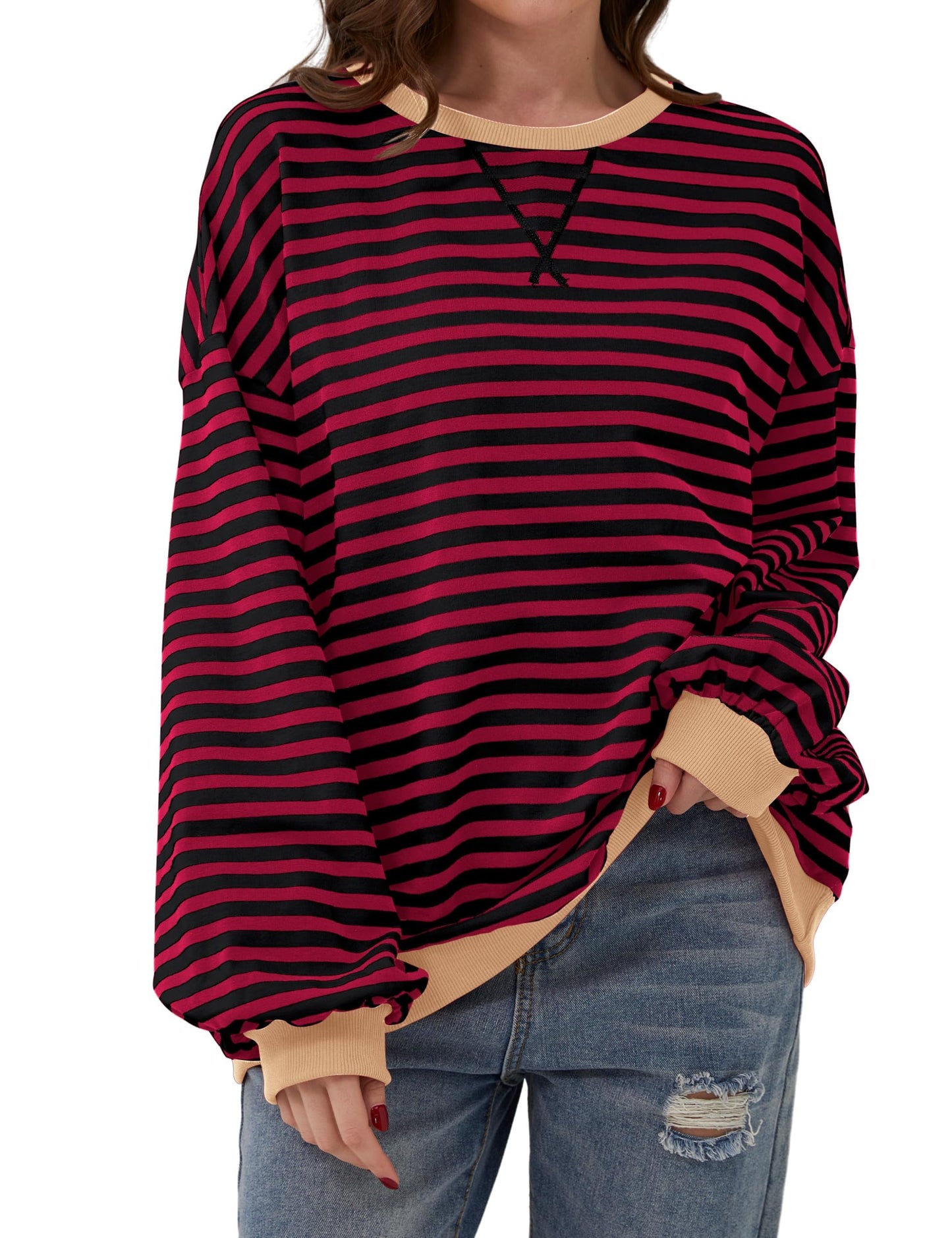 Women's Oversized Striped Color Block Sweatshirt