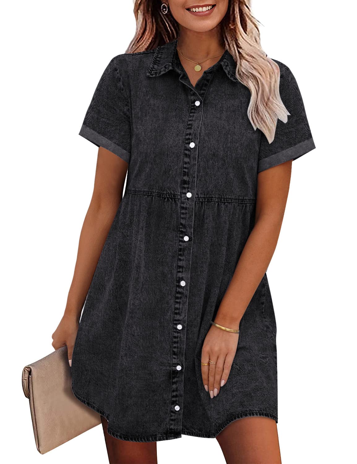Women's Short Sleeve Button Denim Shirt Dress