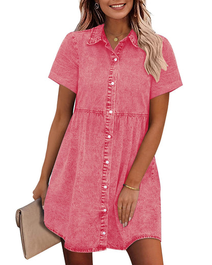 Women's Short Sleeve Button Denim Shirt Dress