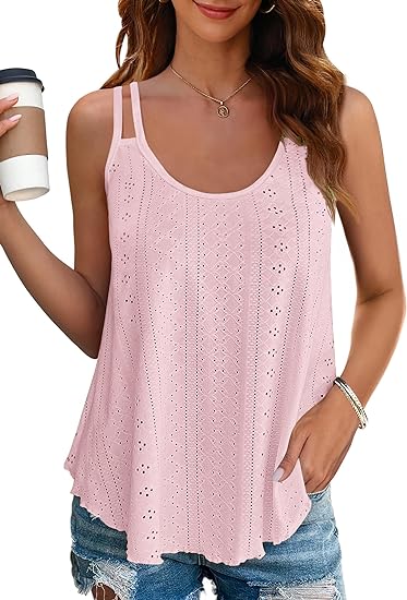 Women's Eyelet Knit Double Strap Sleeveless Flowy Tank Top