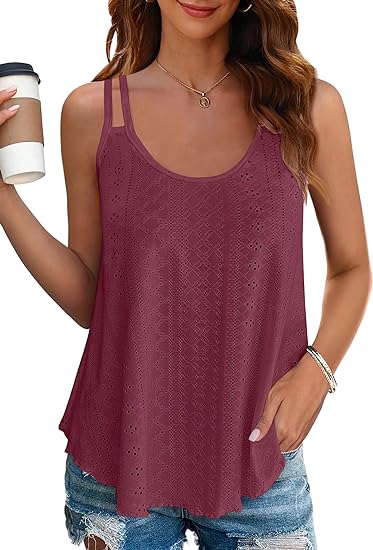 Women's Eyelet Knit Double Strap Sleeveless Flowy Tank Top