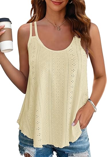 Women's Eyelet Knit Double Strap Sleeveless Flowy Tank Top