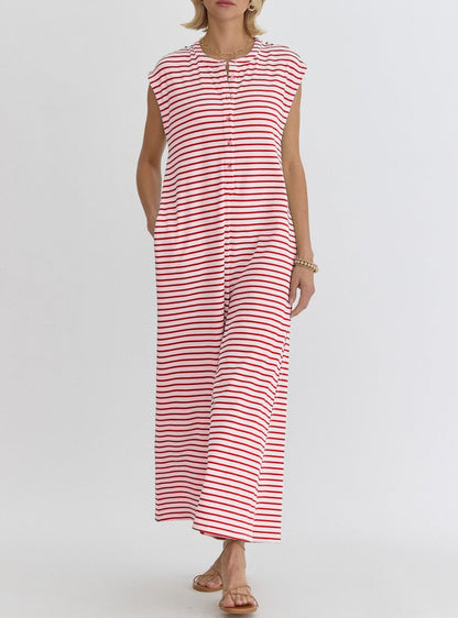 Striped Sleeveless Button Front Casual Wide Leg Jumpsuit with Side Pockets