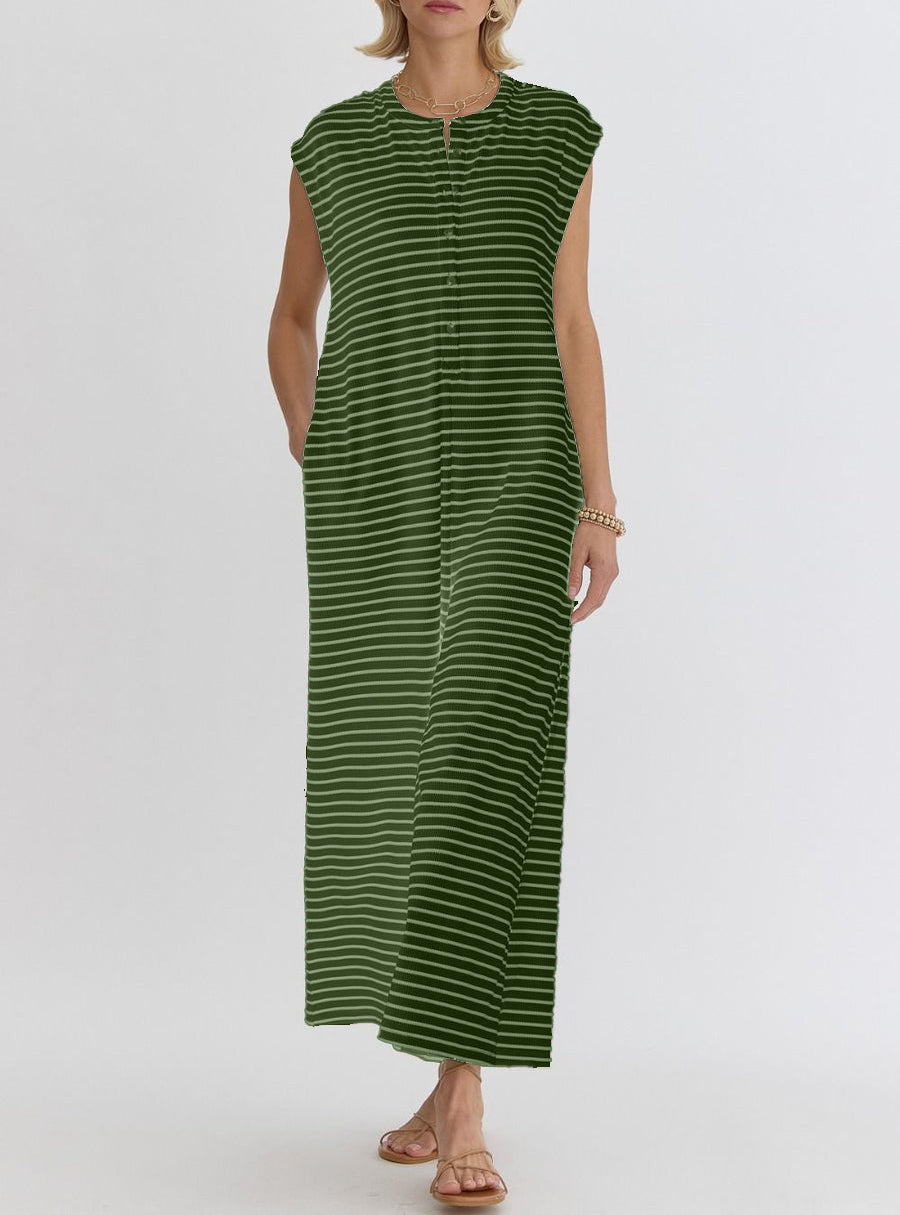 Striped Sleeveless Button Front Casual Wide Leg Jumpsuit with Side Pockets