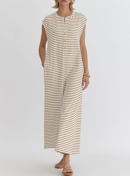 Striped Sleeveless Button Front Casual Wide Leg Jumpsuit with Side Pockets