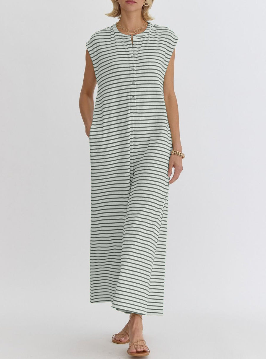 Striped Sleeveless Button Front Casual Wide Leg Jumpsuit with Side Pockets