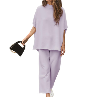 Women's 2 Piece Outfits 3/4 Batwing Sleeve Pullover Top Wide Leg Pants Lounge Set