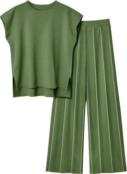 Women Knit 2 Piece Sweater Sets Pullover Tops High Waist Wide Leg Pants Lounge Set
