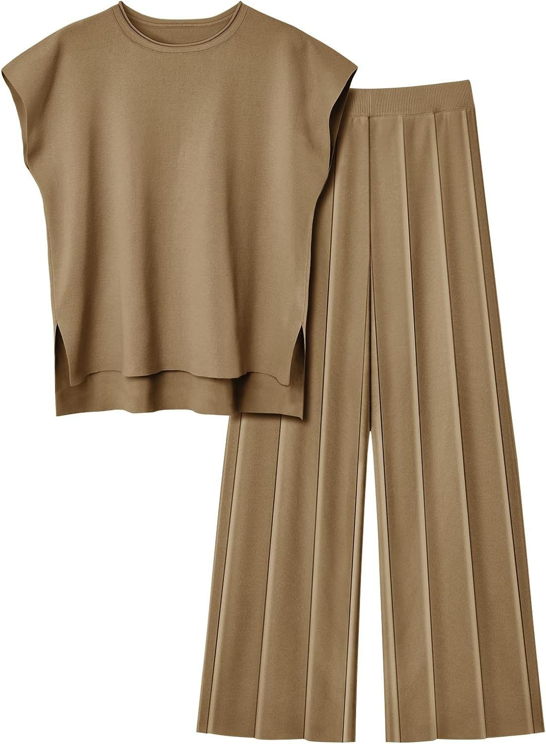 Women Knit 2 Piece Sweater Sets Pullover Tops High Waist Wide Leg Pants Lounge Set