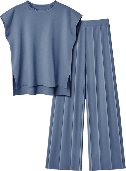 Women Knit 2 Piece Sweater Sets Pullover Tops High Waist Wide Leg Pants Lounge Set