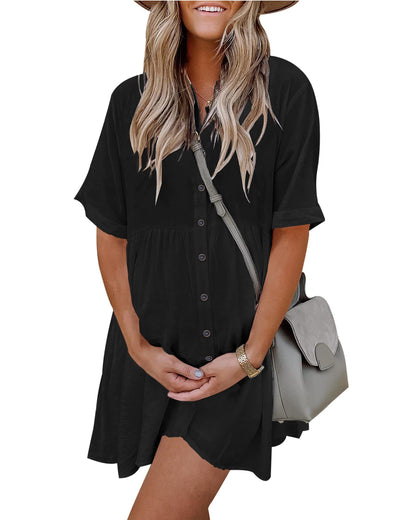 Women's Short Sleeve Button Down Dress with Pockets