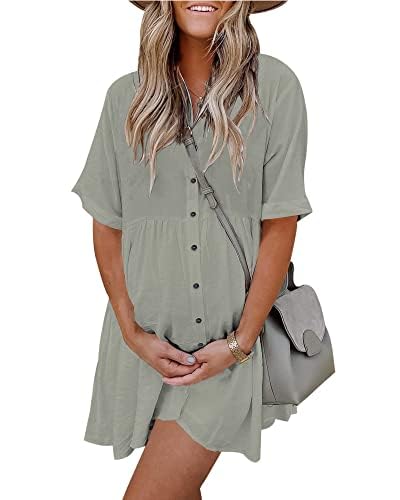Women's Short Sleeve Button Down Dress with Pockets