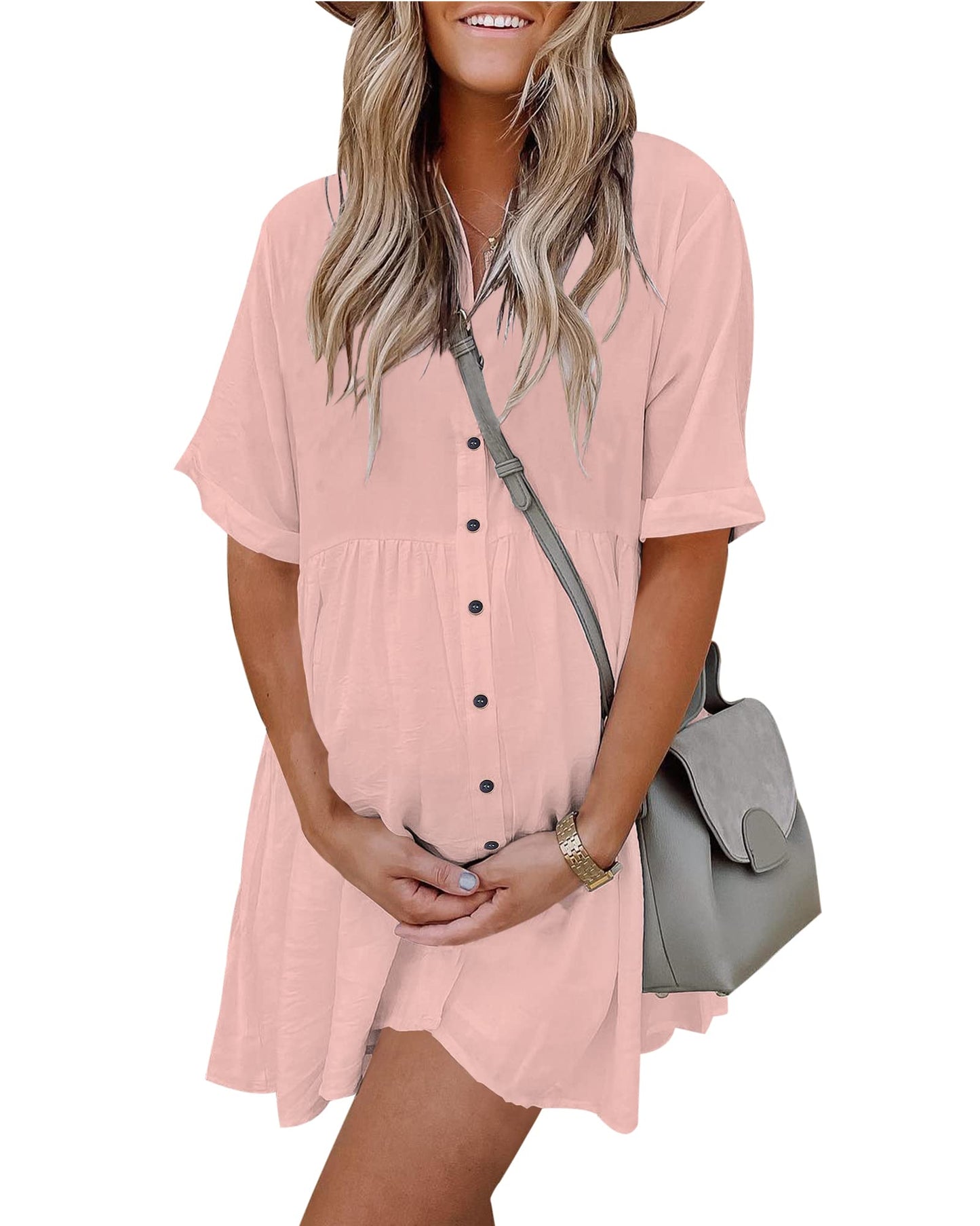 Women's Short Sleeve Button Down Dress with Pockets