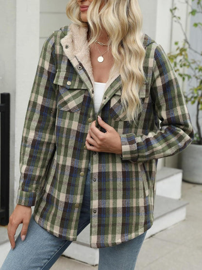 Women's Fall Fuzzy Flannel Long Sleeve Plaid Jacket Coat with Hood
