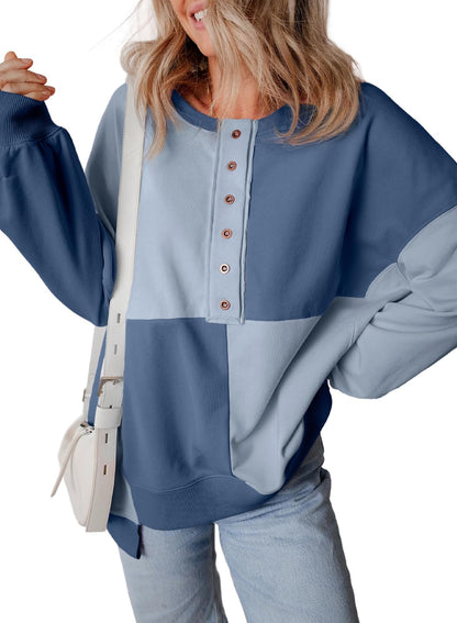 Color Block Half Button Long Sleeve Sweatshirt