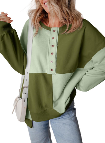Color Block Half Button Long Sleeve Sweatshirt