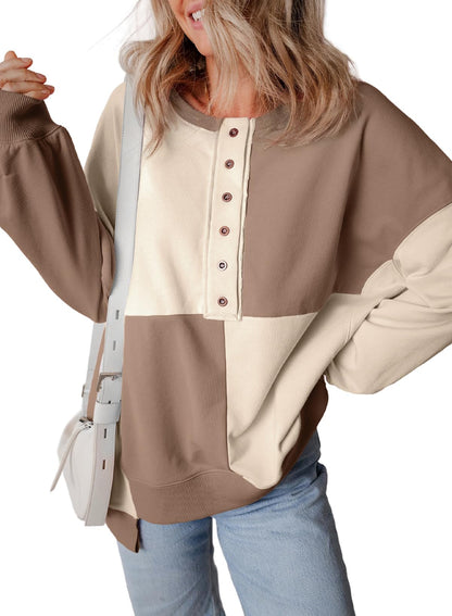 Color Block Half Button Long Sleeve Sweatshirt