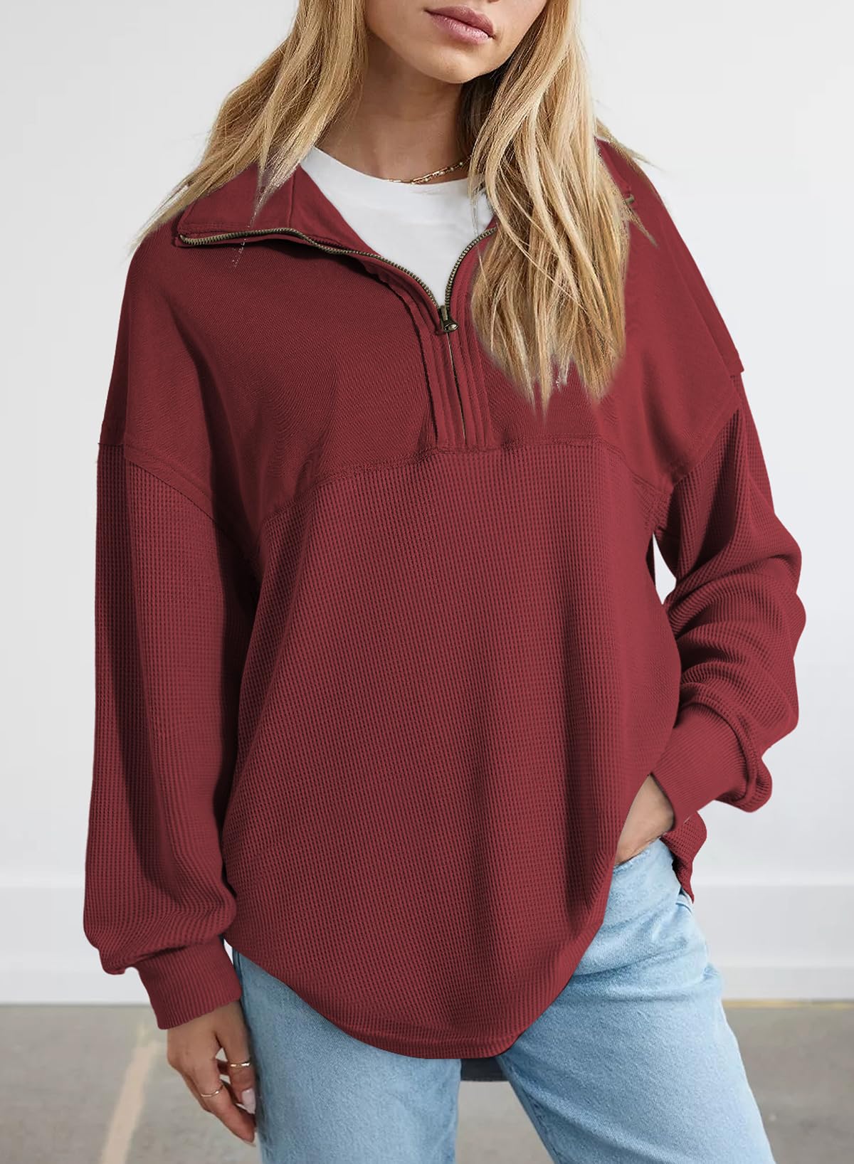 Women's Half Zip Waffle Knit Pullover Top