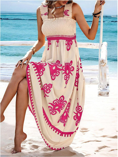 Womens Casual Sleeveless Square Neck Floral Aline Smocked Dresses with Pockets