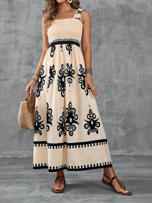 Womens Casual Sleeveless Square Neck Floral Aline Smocked Dresses with Pockets