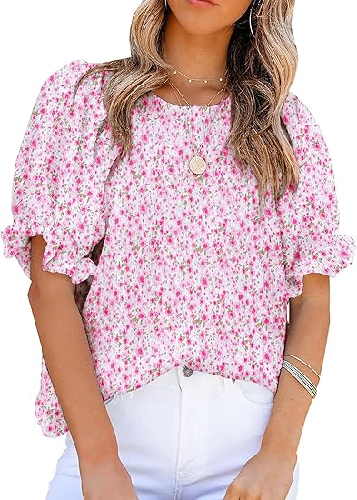 Women's Crewneck Smocked Puff Sleeve Floral Print Blouse
