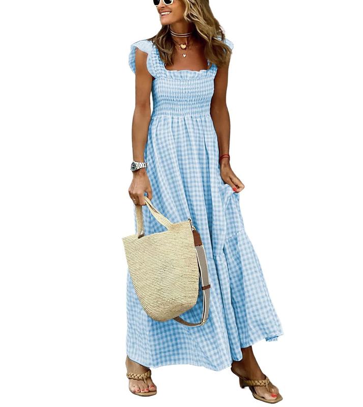 Women's Retro Plaid Smocked Dress Spaghetti Strap Flounce Long Dress With Pockets
