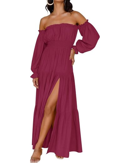 Women's Boho Off Shoulder Long Sleeve Side Split Flowy A Line Long Maxi Dress