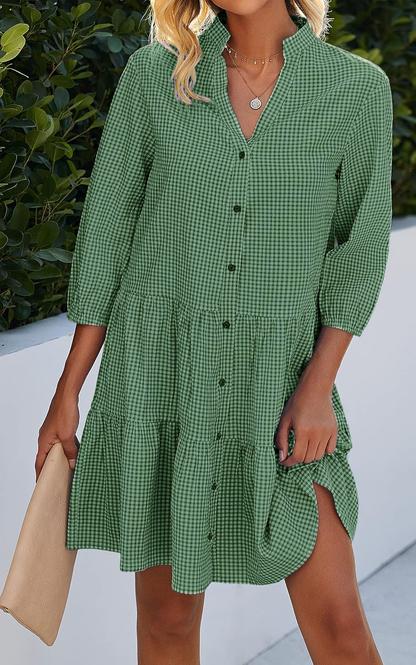 Women's Button Down 3/4 Sleeve Gingham Shirt Dress(BUY 2 FREE SHIPPING)