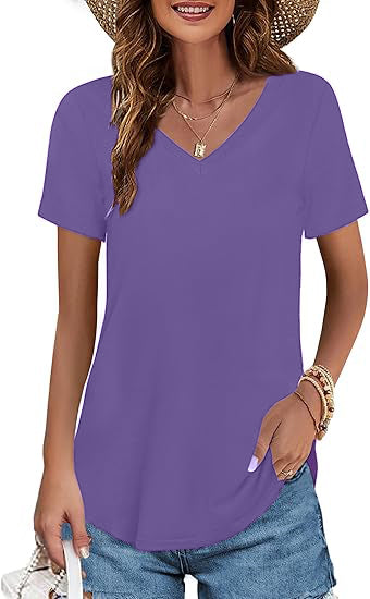 Women's V-neck Short Sleeve Curved Hem Tee Top