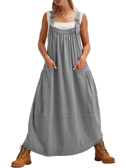 Women's Adjustable Shoulder Strap Loose Overall Dress with Pockets