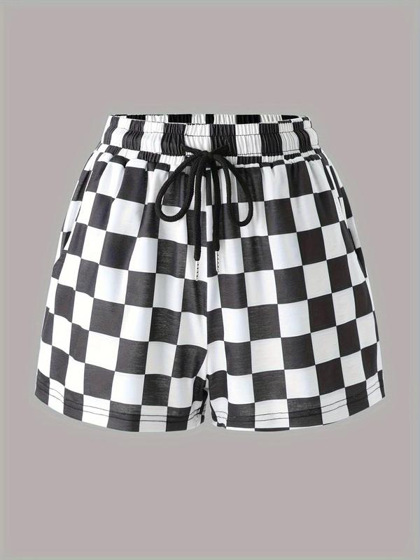Womens Plaid Shorts Casual Elastic Waist Checkered Shorts with Pockets