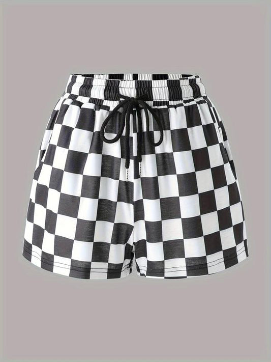 Womens Plaid Shorts Casual Elastic Waist Checkered Shorts with Pockets