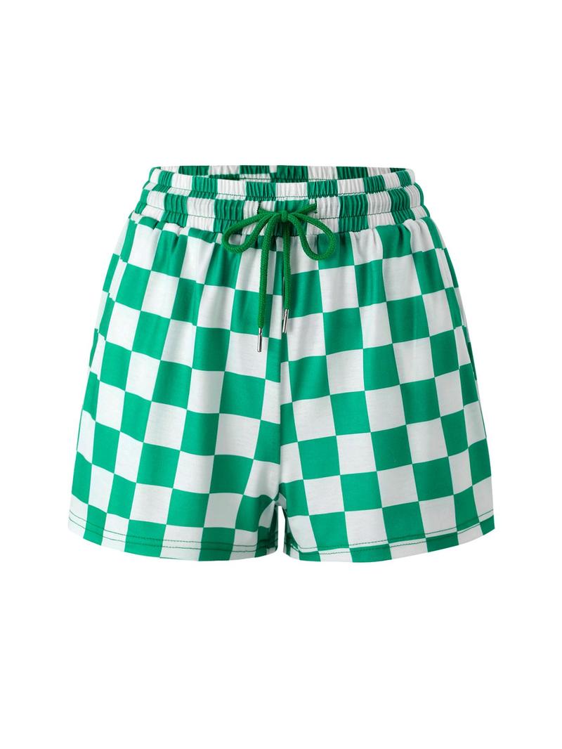 Womens Plaid Shorts Casual Elastic Waist Checkered Shorts with Pockets