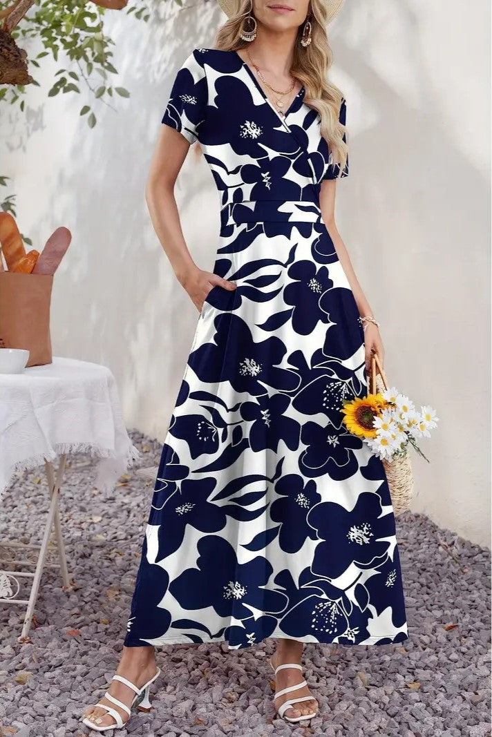 Women Short Sleeve V Neck Floral Wrap Midi Dress