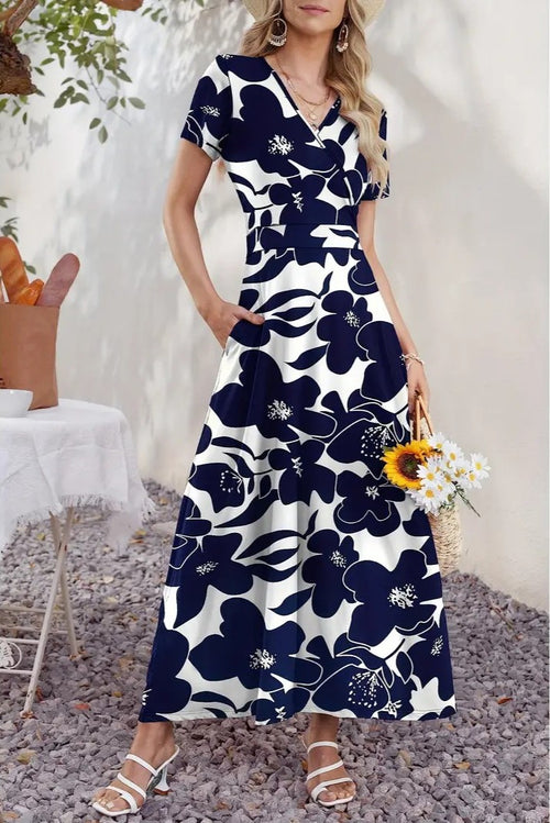 Women Short Sleeve V Neck Floral Wrap Midi Dress