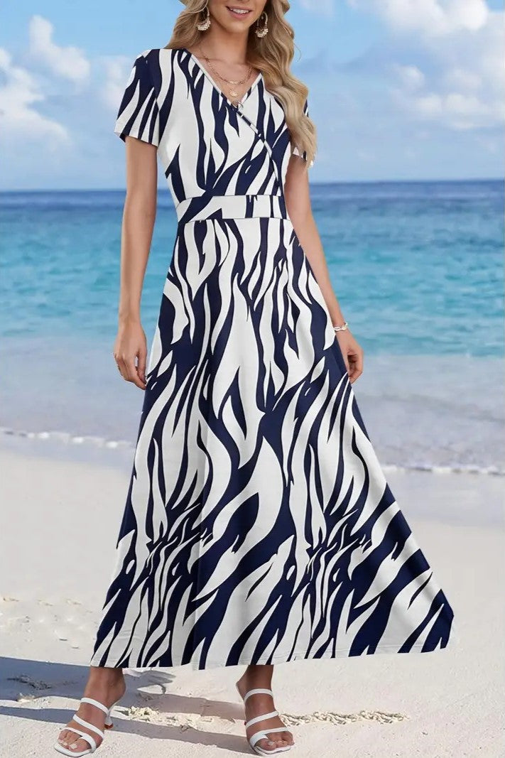 Women Short Sleeve V Neck Floral Wrap Midi Dress
