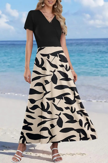 Women Short Sleeve V Neck Floral Wrap Midi Dress