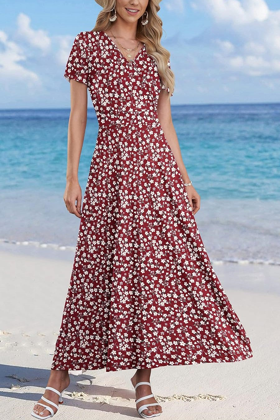 Women Short Sleeve V Neck Floral Wrap Midi Dress