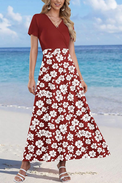 Women Short Sleeve V Neck Floral Wrap Midi Dress
