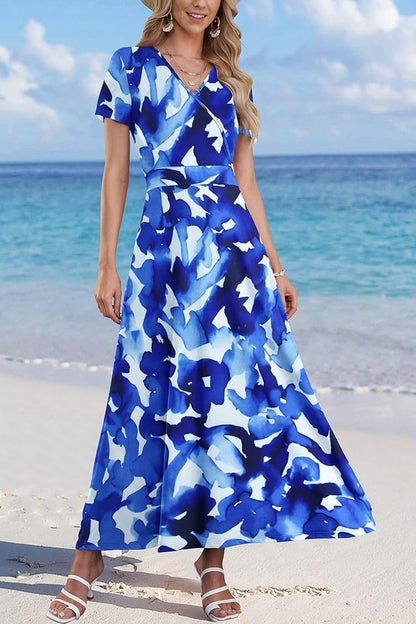 Women Short Sleeve V Neck Floral Wrap Midi Dress