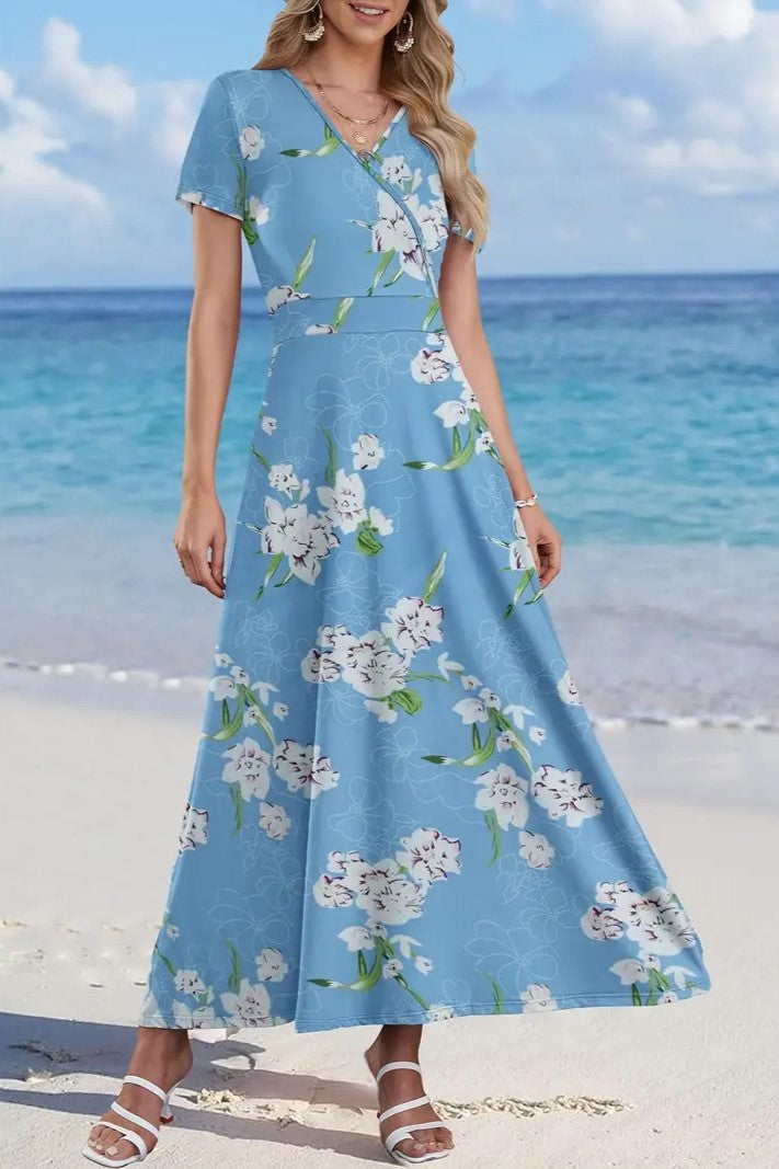 Women Short Sleeve V Neck Floral Wrap Midi Dress