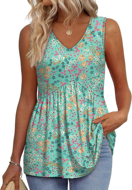 Women's Print Flowy Sleeveless V Neck Peplum Tank Tops
