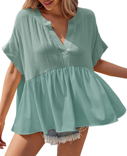 Womens V Neck Short Sleeve Pleated Flowy Shirts Peplum Blouse