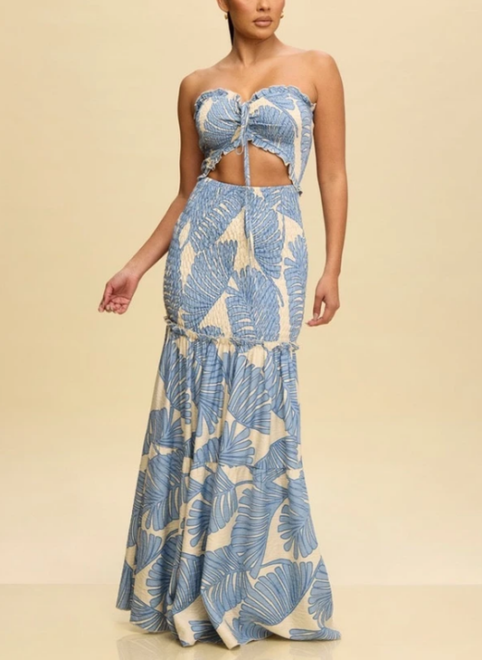 Women's Print Strapless Smocked Top & Mermaid Maxi Skirt Two-Piece Set